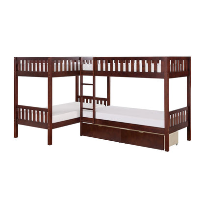 Rowe Pine Corner Bunk Bed with Storage Boxes in Dark Cherry