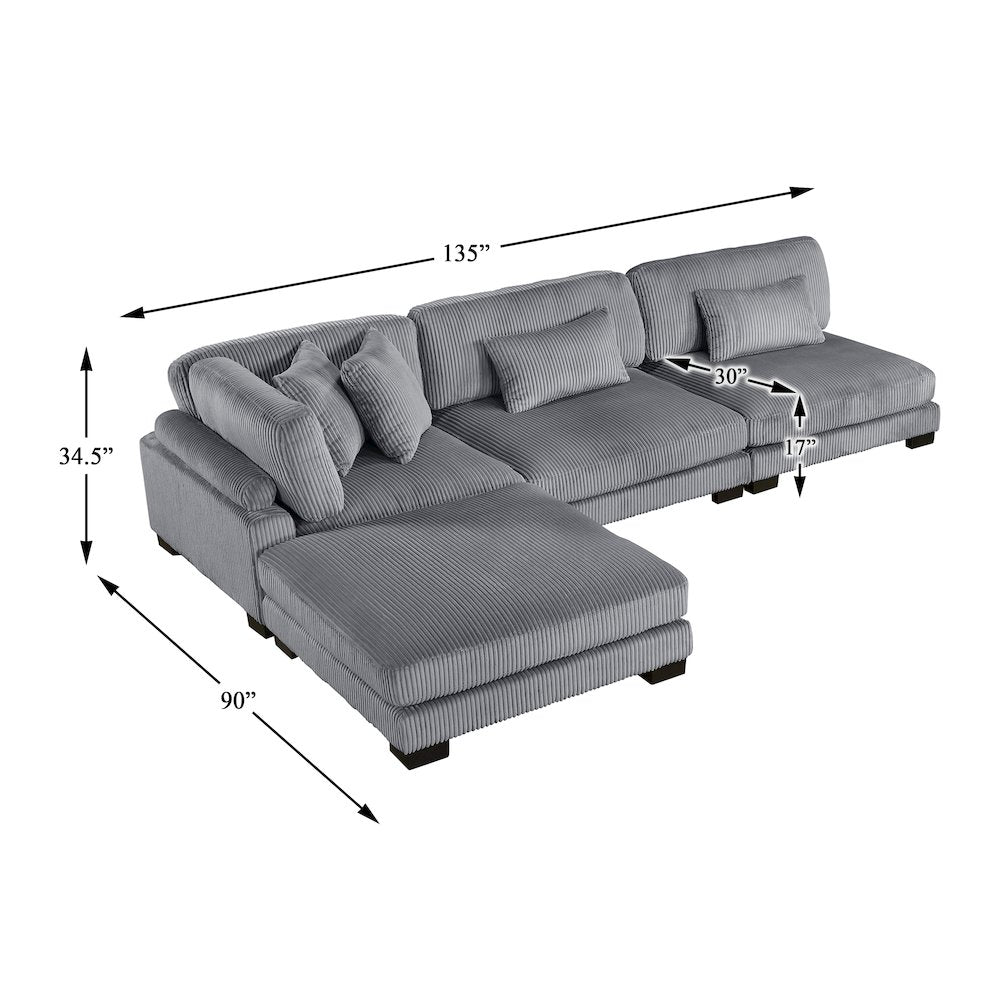 Traverse Corduroy 4-Piece Modular Sectional with Ottoman in Gray