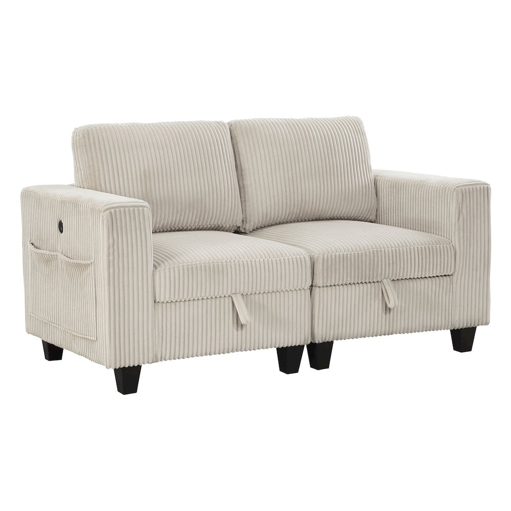 Walterboro Corduroy Love Seat with Storage, Storage Pouches in Beige