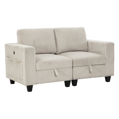 Walterboro Corduroy Love Seat with Storage, Storage Pouches in Beige