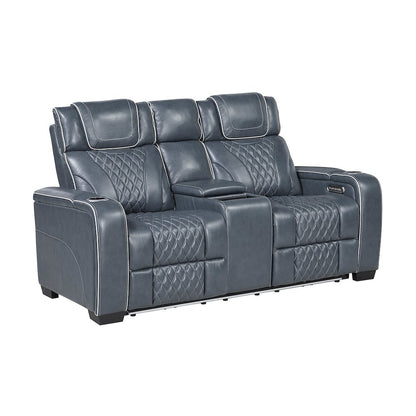 Apex Leather Pwr Double Reclining Love Seat with Center Console in Blue