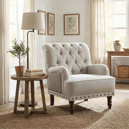 Textured Fabric Accent Chair with Cushioned Seat for Bedroom, Beige