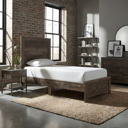 Asian Hardwood Twin Bed Frame with Headboard, Wooden Panel Bed, Rustic Brown