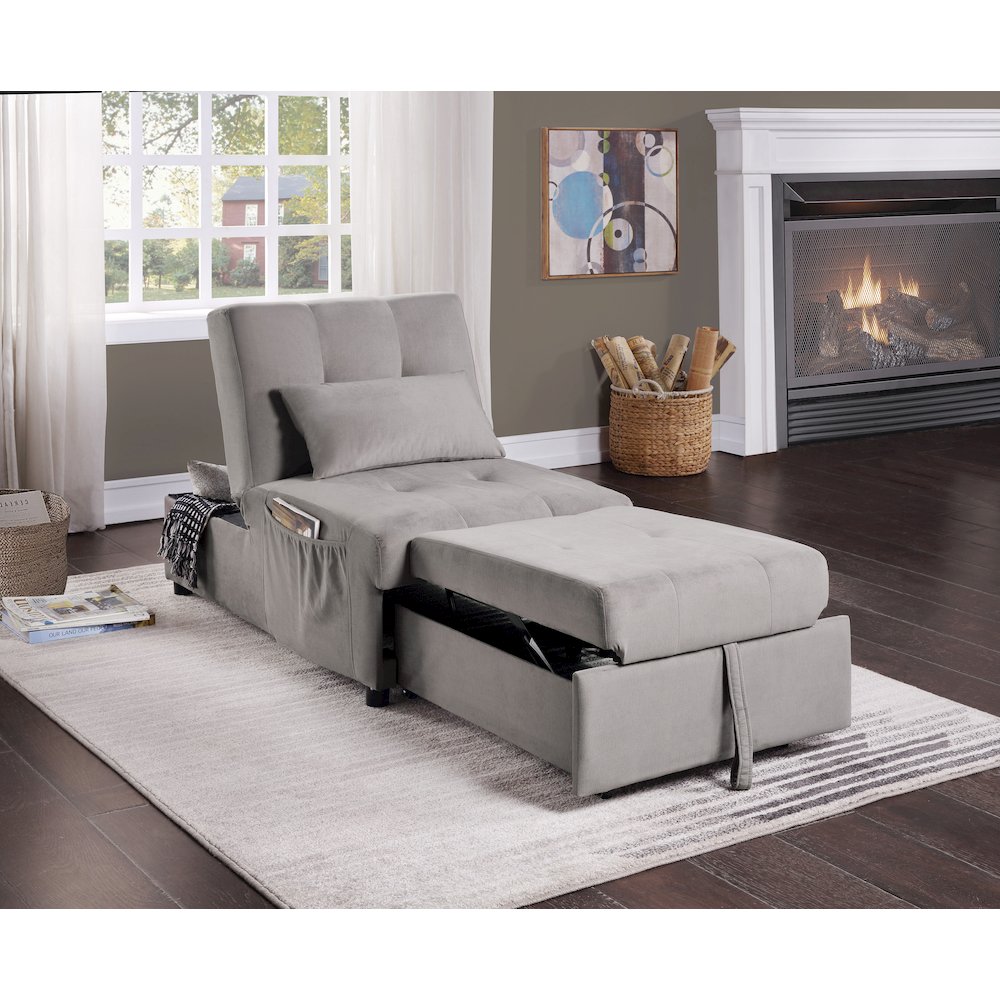 Garrell Velvet Storage Bench with Pull-Out Ottoman in Brownish Gray