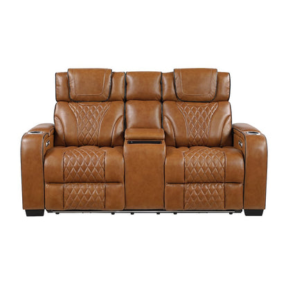 Apex Leather Pwr Double Reclining Love Seat with Center Console in Brown