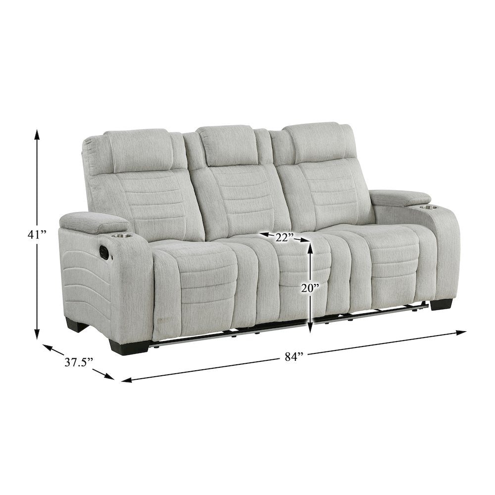 Ronan Microfiber Double Reclining Sofa with Storage Arms in Light Gray