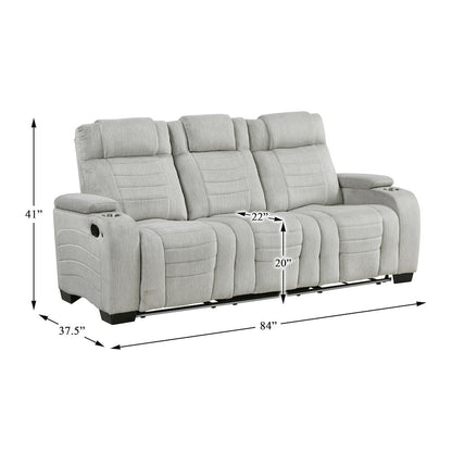 Ronan Microfiber Double Reclining Sofa with Storage Arms in Light Gray