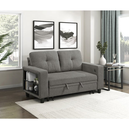 Robinson Boucle Love Seat with Pull-out Bed, Shelves in Dark Brown