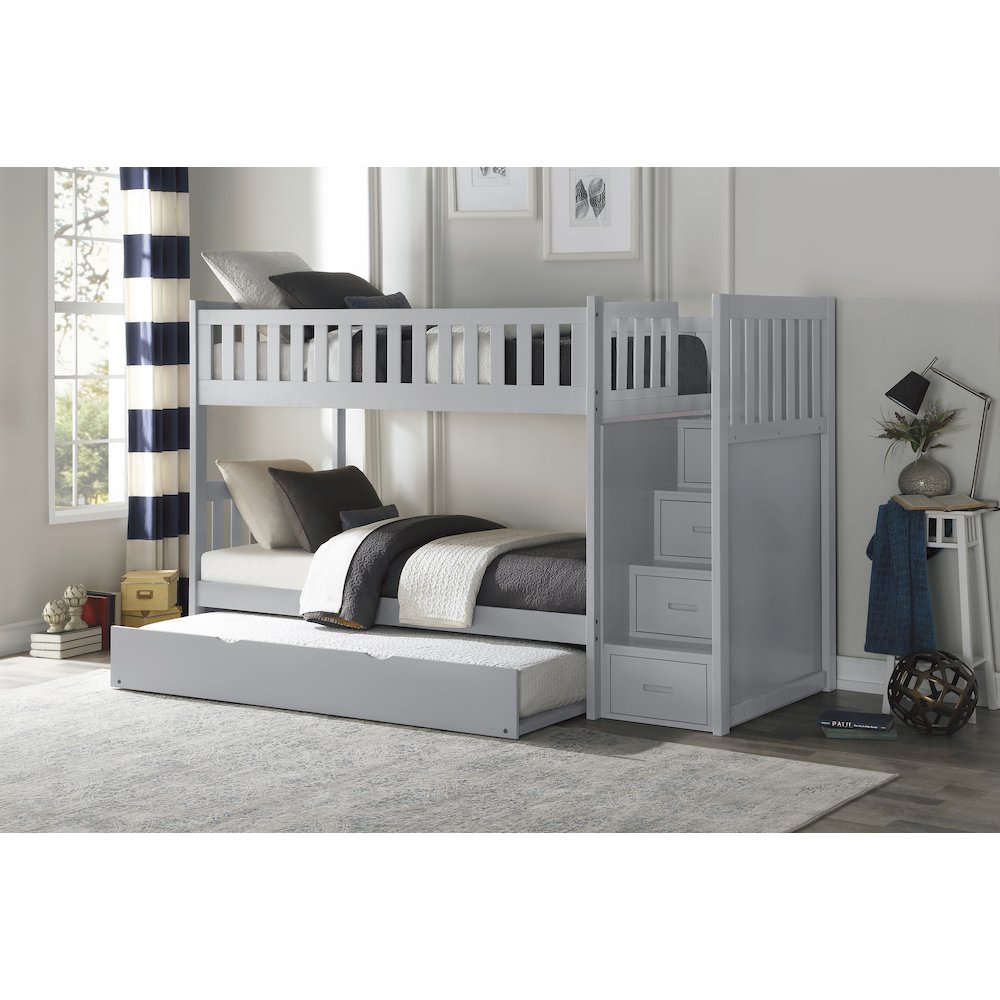 Orion Pine Bunk Bed with Reversible Step Storage w/ Trundle Bed in Gray