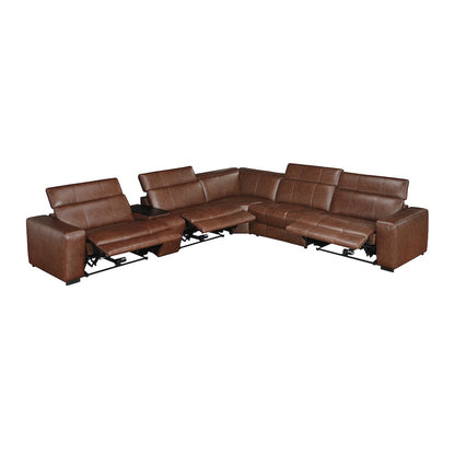Sutton Leather 6-Piece Modular Power Reclining Sectional in Brown