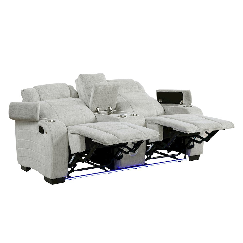 Ronan Microfiber Dbl Reclining Love Seat with Storage Arms in Light Gray