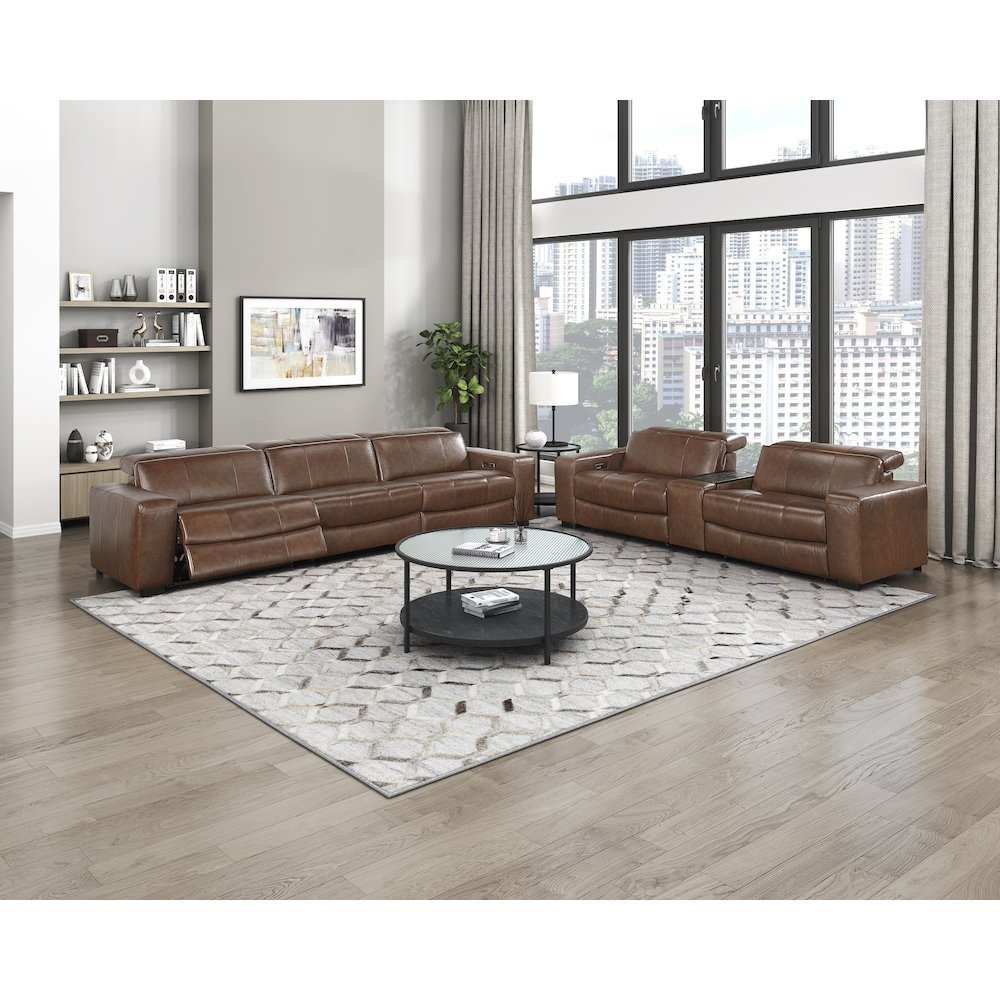 Sutton Leather Pwr Dbl Reclining Love Seat with Center Console in Brown