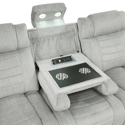 Ronan Microfiber Double Reclining Sofa with Storage Arms in Light Gray