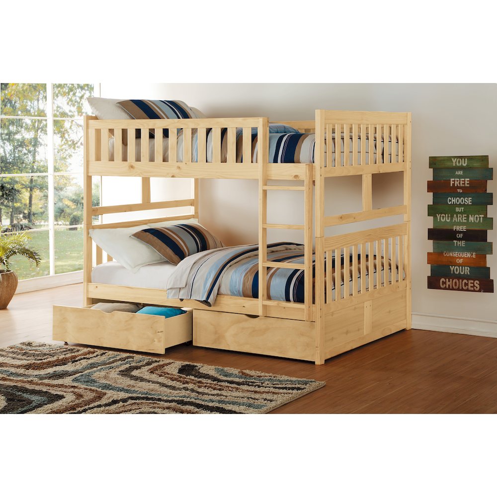 Bartly Pine Full over Full Bunk Bed with Storage Boxes in Natural Pine