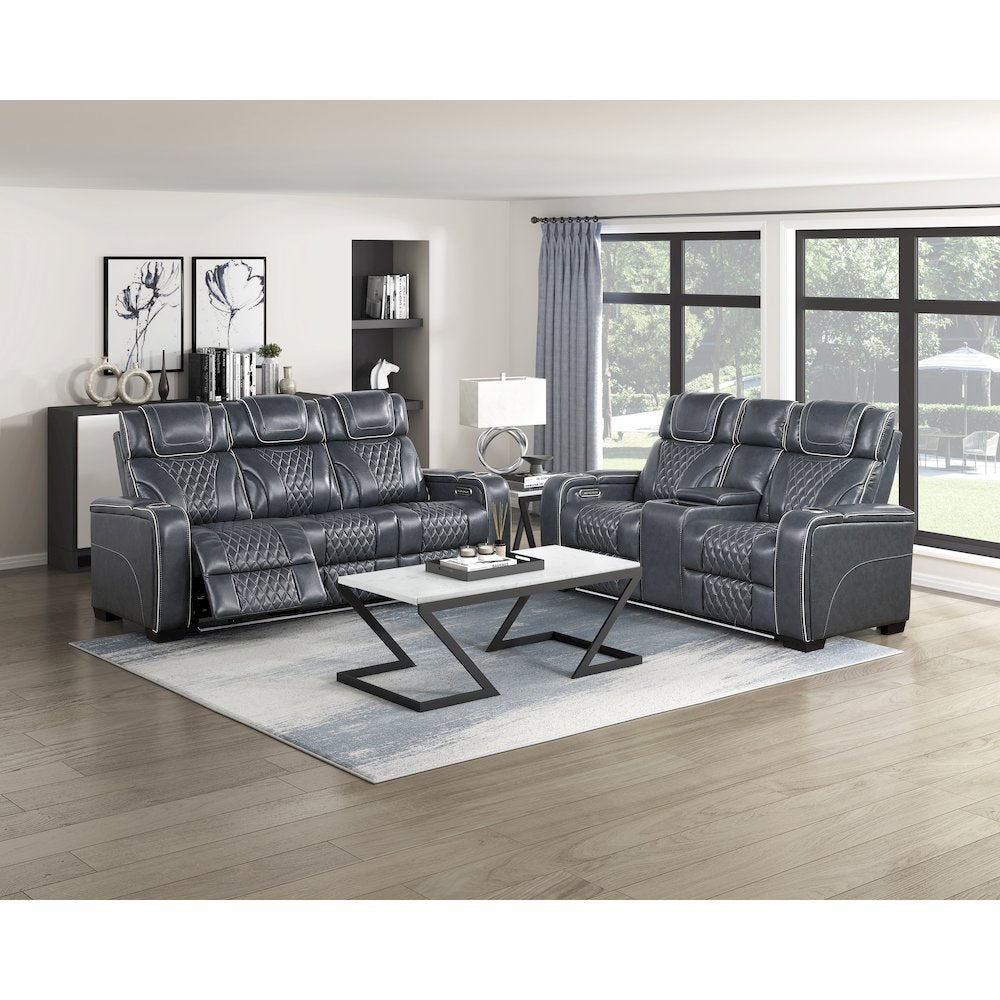Apex Leather Pwr Double Reclining Love Seat with Center Console in Blue