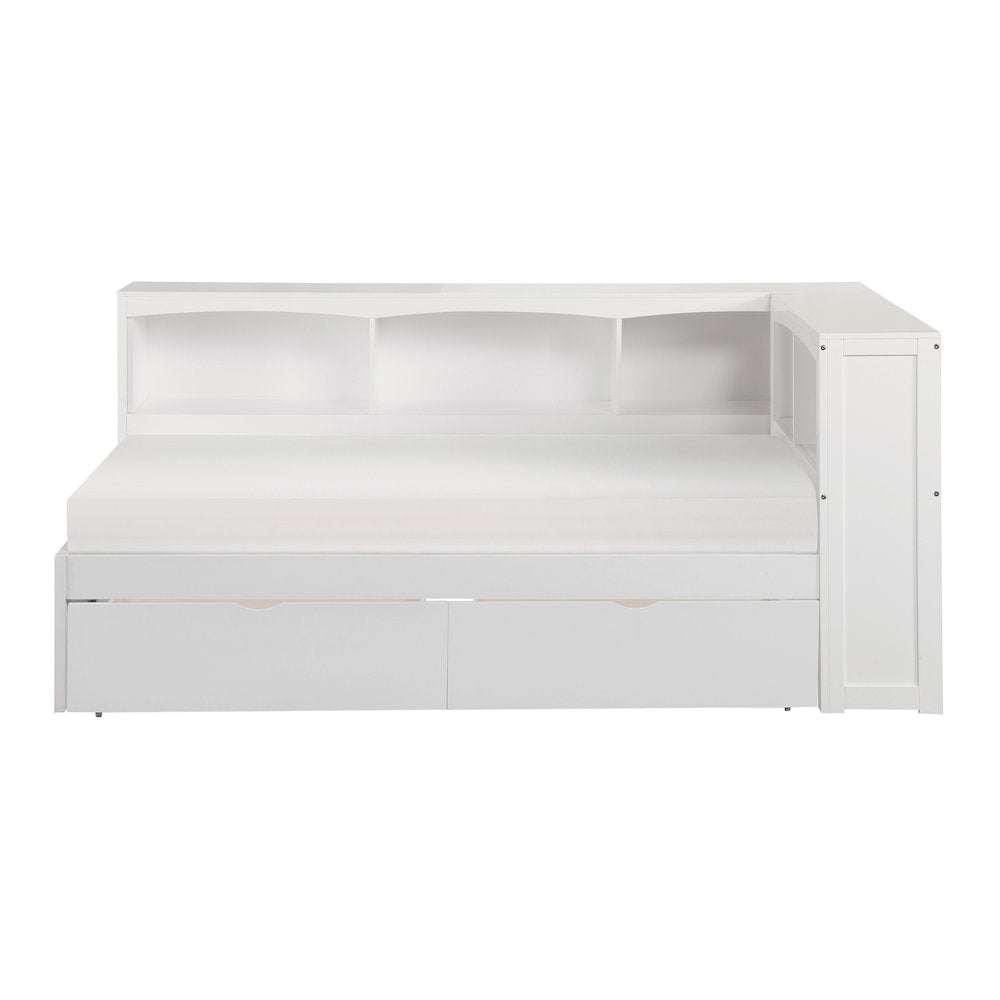 Galen Pine Twin Bookcase Corner Bed with Storage Boxes in White
