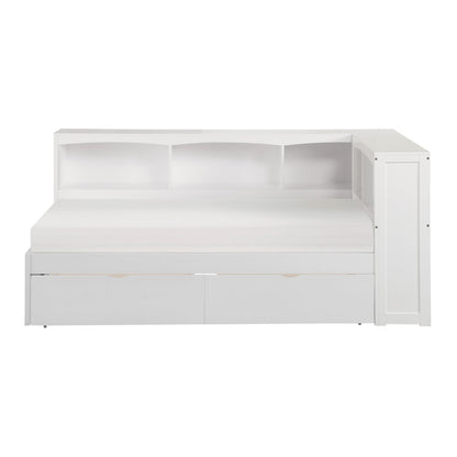Galen Pine Twin Bookcase Corner Bed with Storage Boxes in White