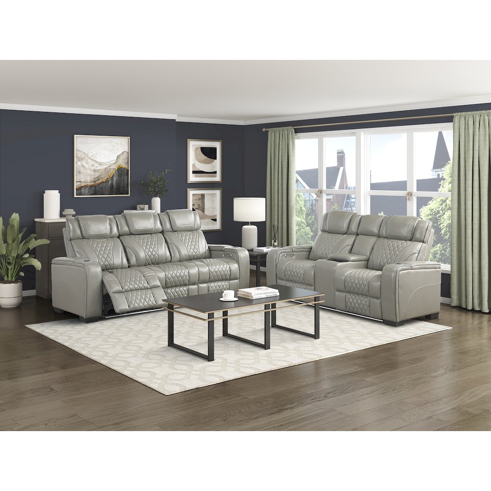 Apex Leather Pwr Double Reclining Love Seat with Center Console in Gray