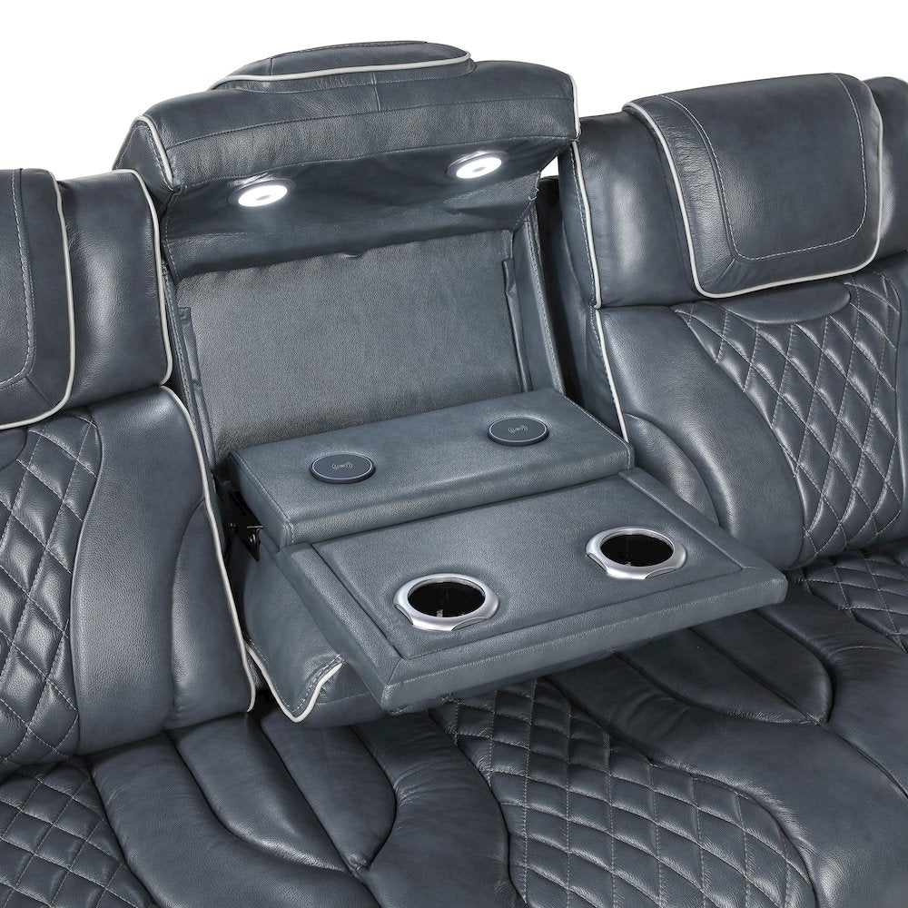Apex Leather Power Double Reclining Sofa with Power Headrests in Blue
