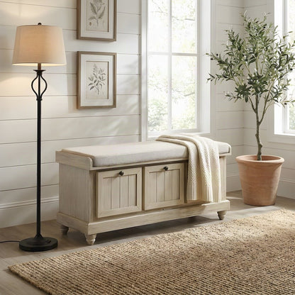 Textured Asian Hardwood Storage Bench for Entryway or Bedroom, Beige