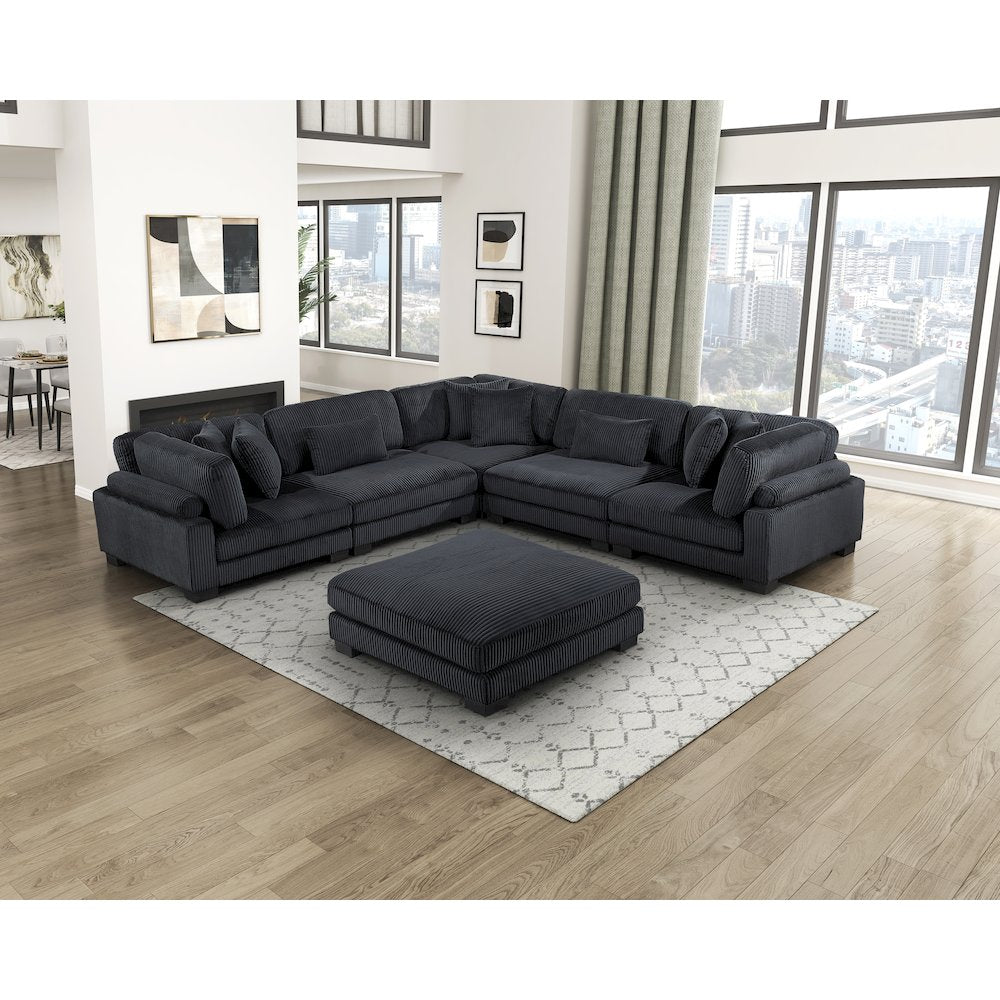 Traverse Corduroy 6-Piece Modular Sectional with Ottoman in Black