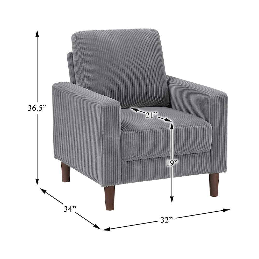 Crandall Corduroy 3pc Set: Sofa, Loveseat, Chair in Gray