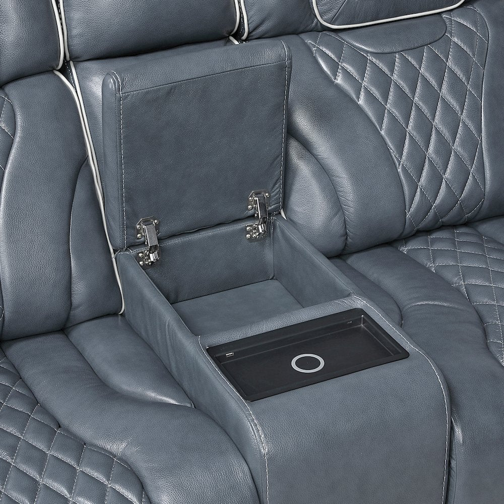 Apex Leather Pwr Double Reclining Love Seat with Center Console in Blue