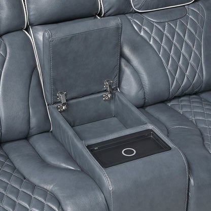 Apex Leather Pwr Double Reclining Love Seat with Center Console in Blue