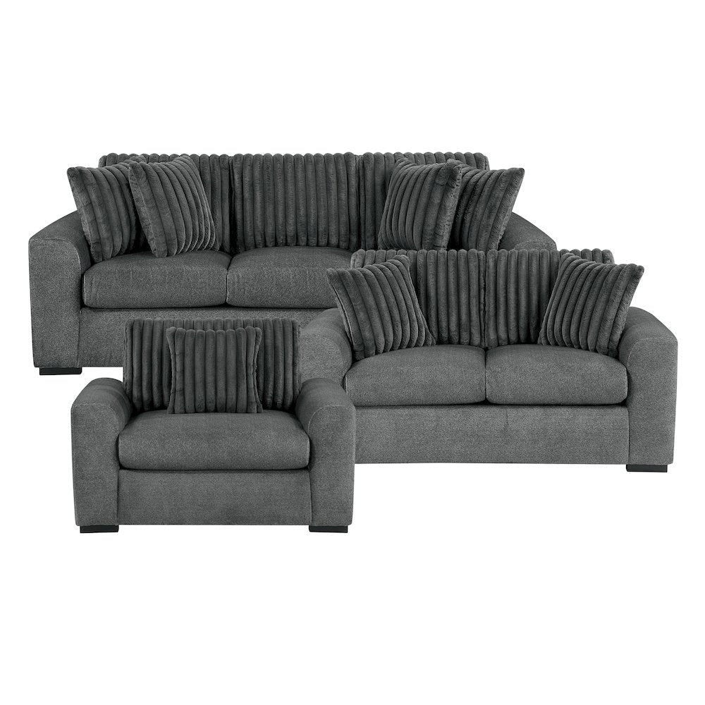 Athena Textured 3pc Set: Sofa, Loveseat, Chair in Dark Gray