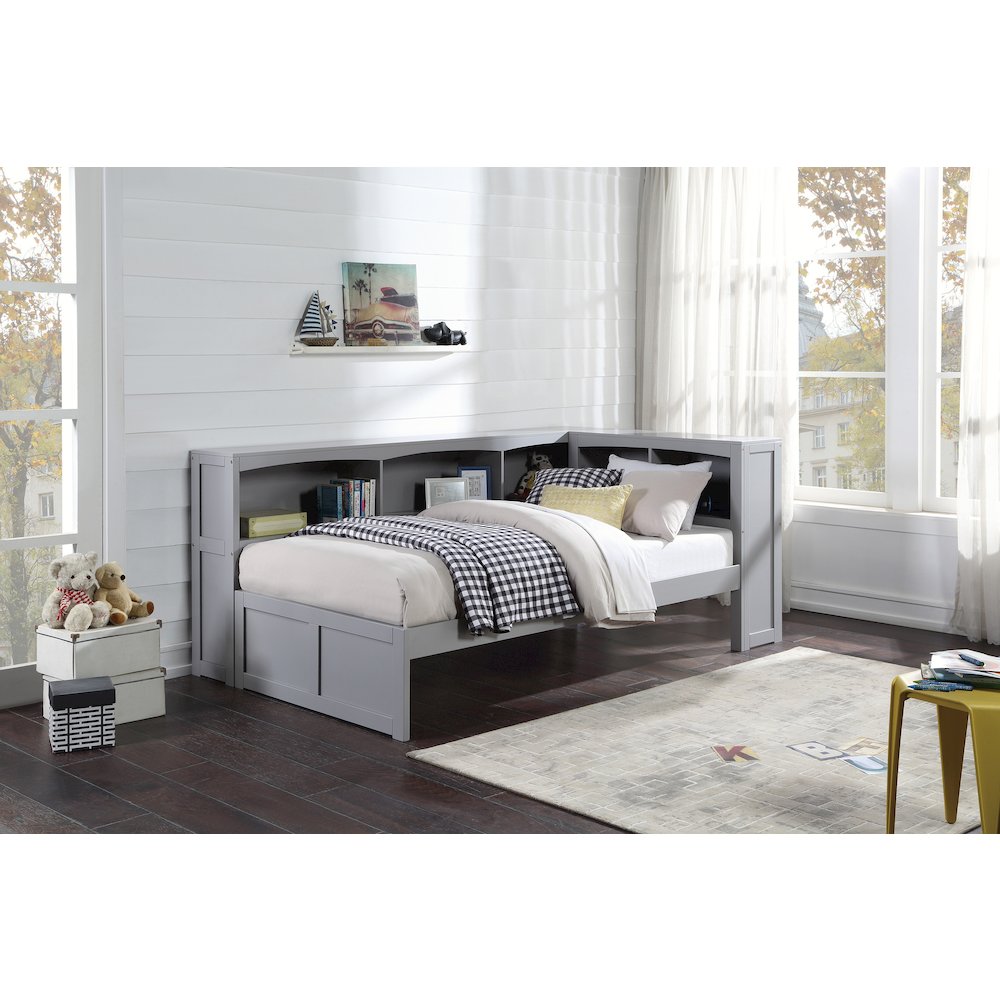 Orion Pine Twin Bookcase Corner Bed in Gray