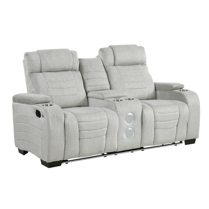 Ronan Microfiber Dbl Reclining Love Seat with Storage Arms in Light Gray