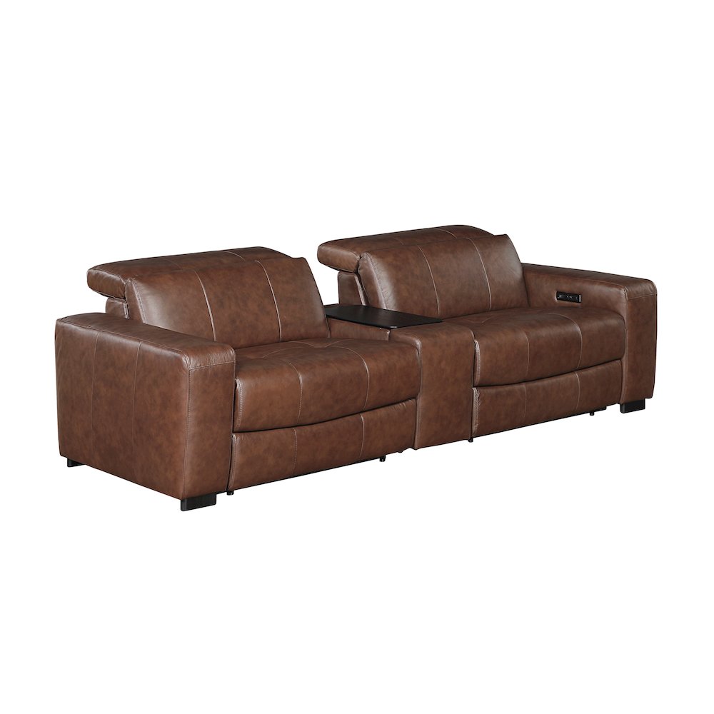Sutton Leather Pwr Dbl Reclining Love Seat with Center Console in Brown