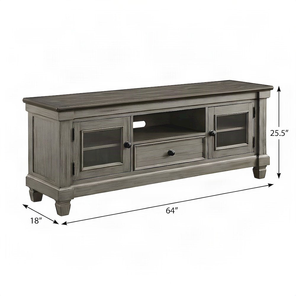 Pine Wood TV Stand with Open Shelves, 2-Tone Antique White and Rosy Brown