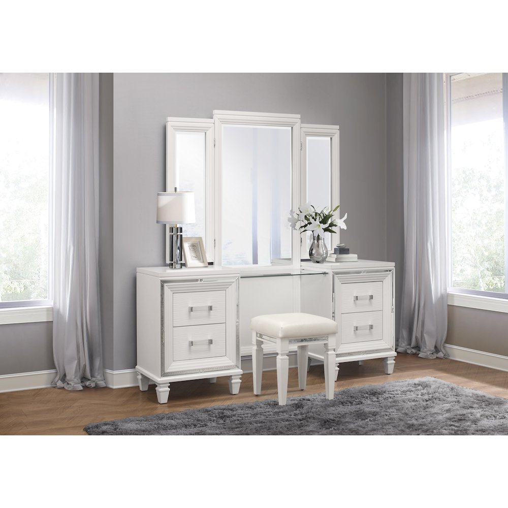 Tamsin Asian Hardwood Vanity Stool in White Metallic