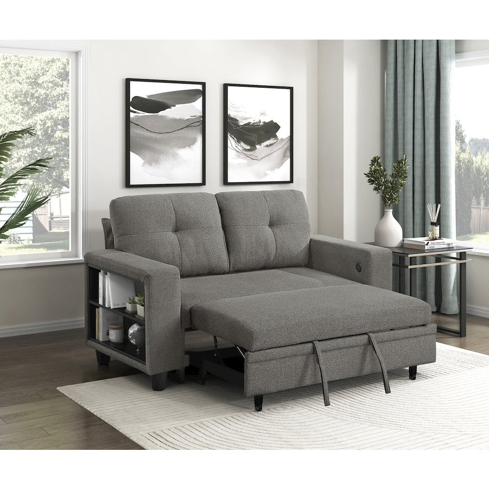 Robinson Boucle Love Seat with Pull-out Bed, Shelves in Dark Brown