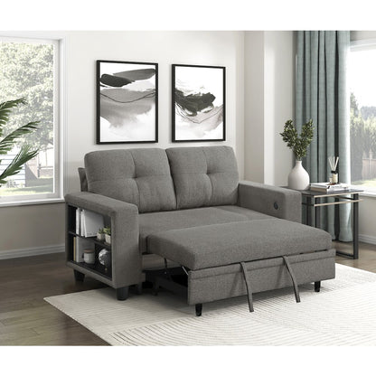 Robinson Boucle Love Seat with Pull-out Bed, Shelves in Dark Brown