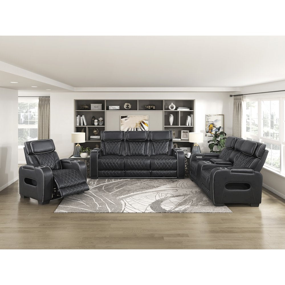 Fairway Faux Leather 3PC Power Double Reclining Sofa in Black