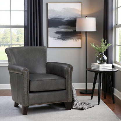 Elegant Gray Leather Accent Chair with Arm Rest and Nailheads Trim