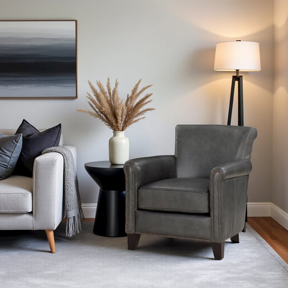 Elegant Gray Leather Accent Chair with Arm Rest and Nailheads Trim