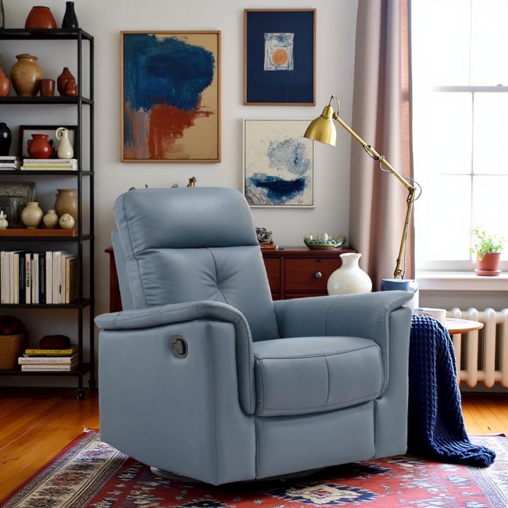 Blue Gray Leather Swivel Glider Recliner, Elegant Leather Recliner Chair