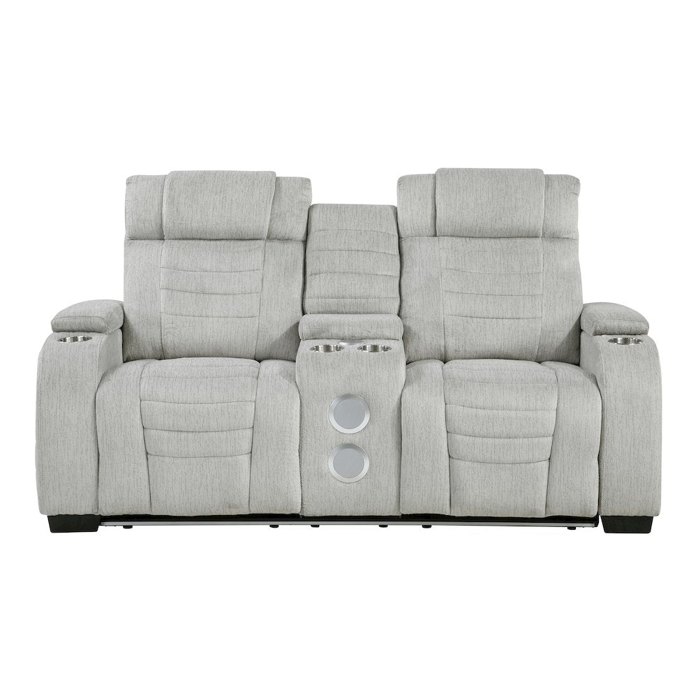 Ronan Microfiber Dbl Reclining Love Seat with Storage Arms in Light Gray