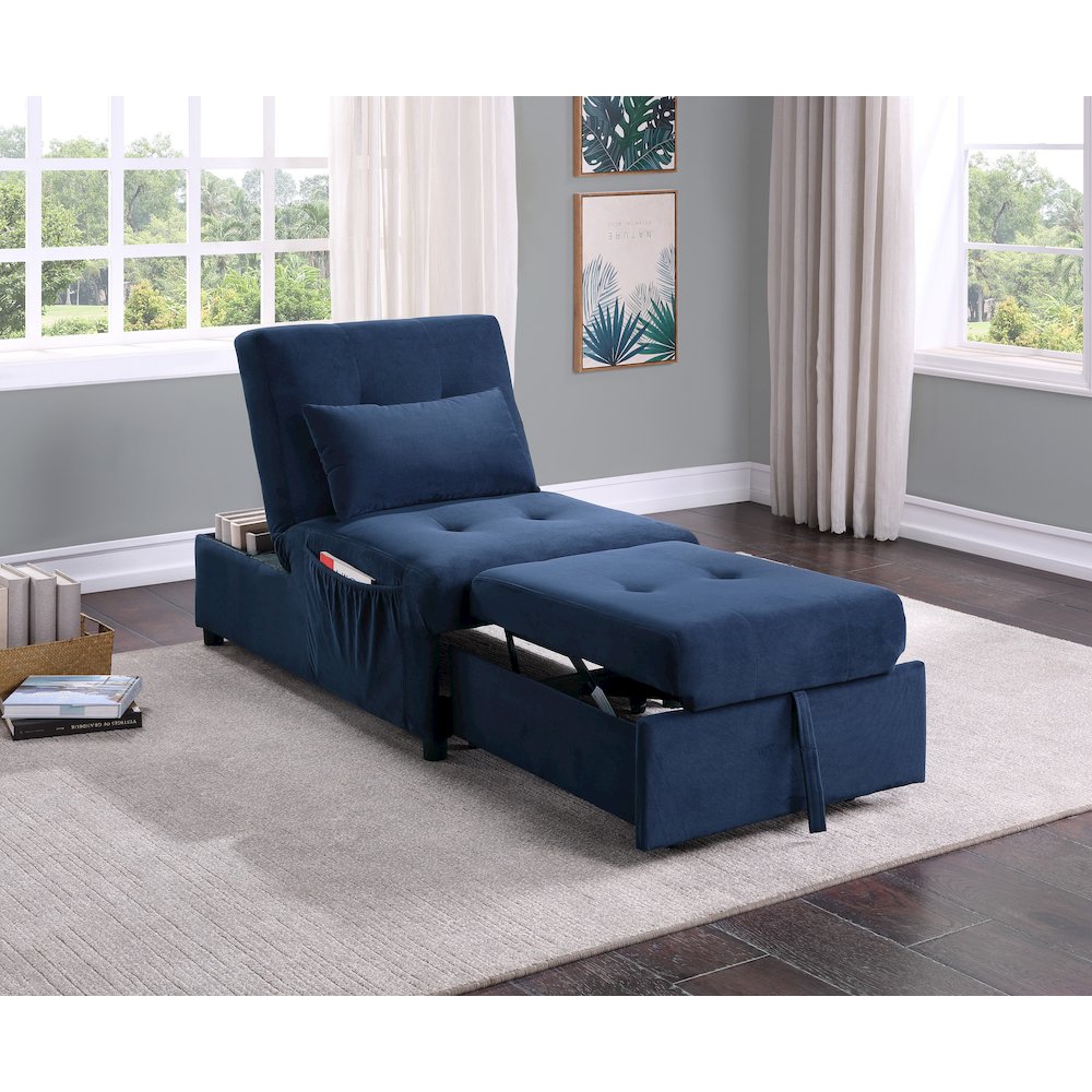 Garrell Velvet Storage Bench with Pull-Out Ottoman in Dark Blue