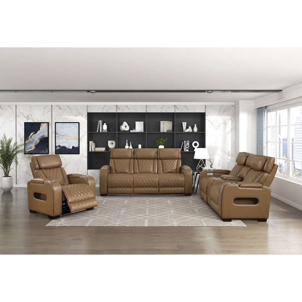 Fairway Faux Leather Power Double Reclining Sofa in Brown