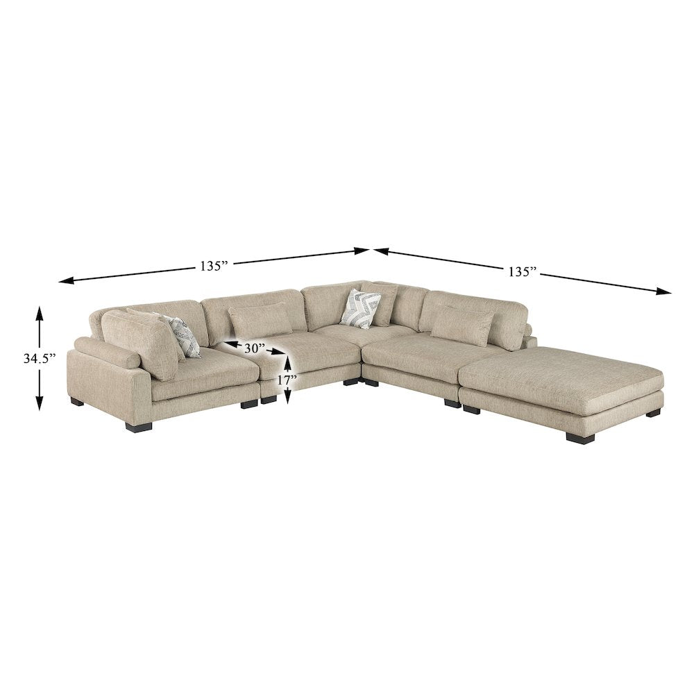 Corydon Microfiber 5-Piece Modular Sectional with Ottoman in Brown