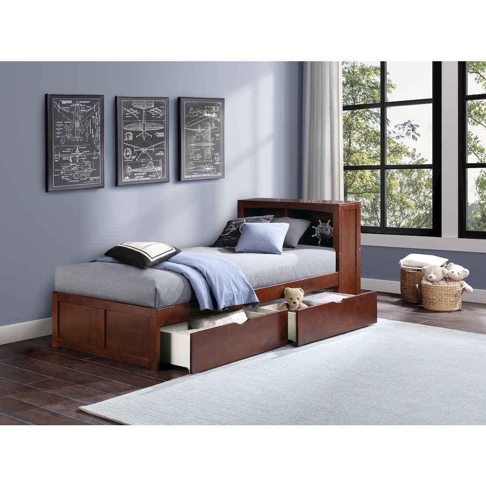 Rowe Pine Twin Bookcase Bed with Storage Boxes in Dark Cherry