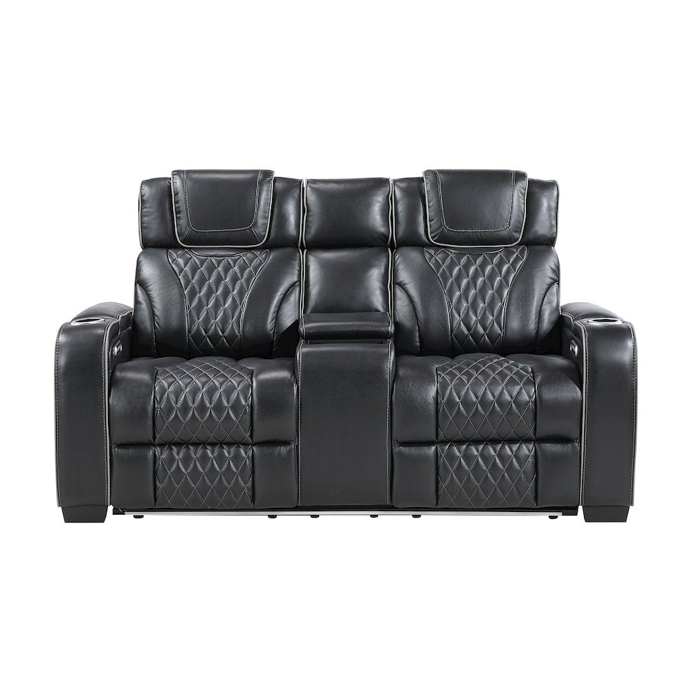 Apex Leather Pwr Double Reclining Love Seat with Center Console in Black