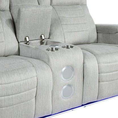 Ronan Microfiber Dbl Reclining Love Seat with Storage Arms in Light Gray