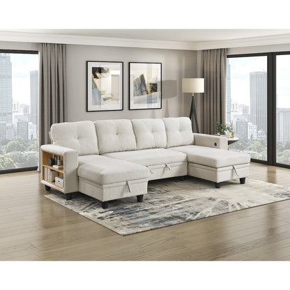 Robinson Boucle Sectional with Two Chaises, Pull-out Bed in Beige