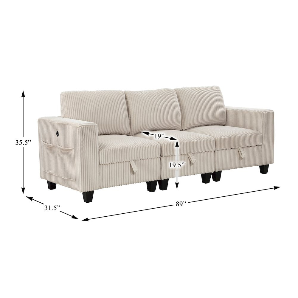 Walterboro Corduroy Sofa with Storage, Storage Pouches in Beige
