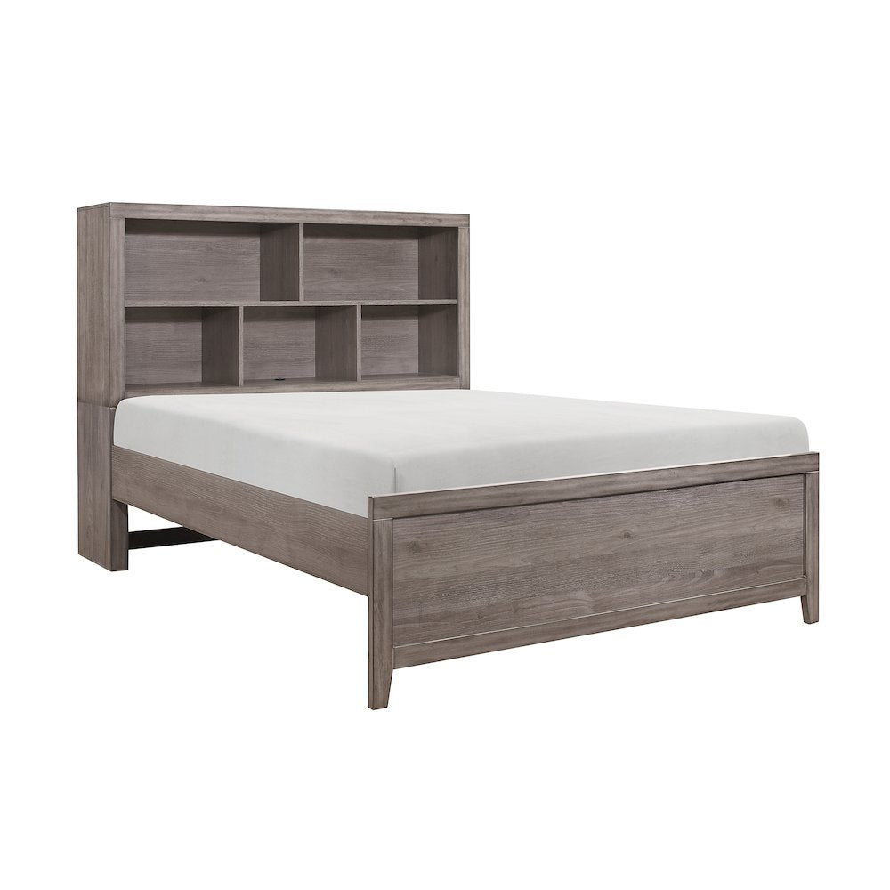 Woodrow Asian Hardwood Queen Bed with Bookcase Headboard in Gray